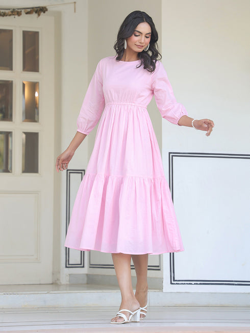 Light Pink Pure Cotton Solid Tiered Dress